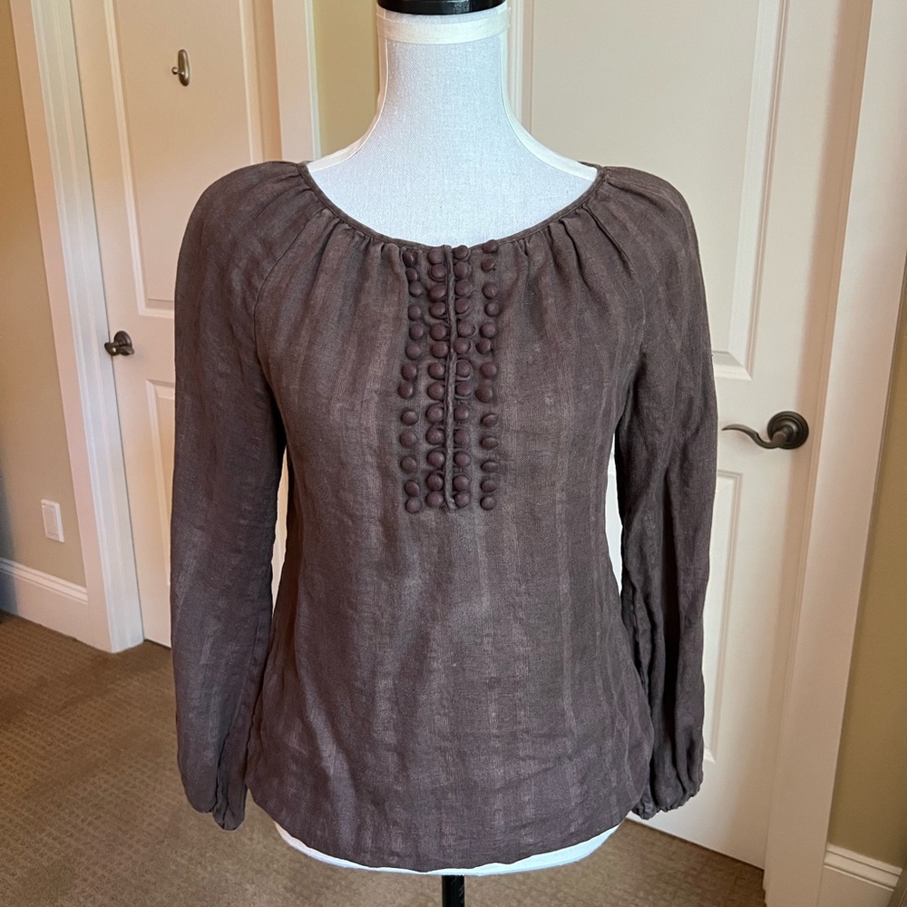 Tory Burch Linen Dark Chocolate Brown Blouse Tunic with covered button front